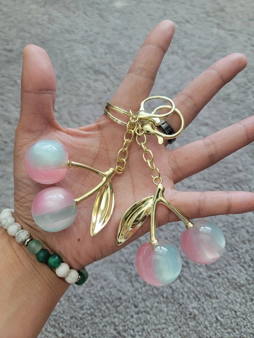 1oc Gold Cherry Keychain with Pink & Aqua Glass Orbs